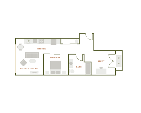 Floor plan for 1 bed, 1 bath, 667 sqft